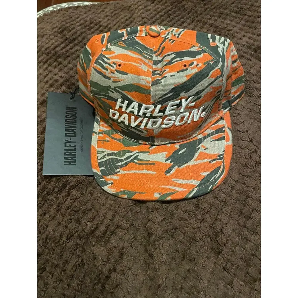 HARLEY DAVISON HAT CAMO‎ ORANGE GREEN RACING SNAPBACK BIKER MILITARY ICONIC RARE